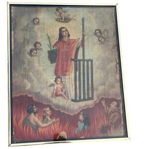 Vtg Antique St. Lawrence San Lorenzo Purgatory Catholic Religious Print Framed